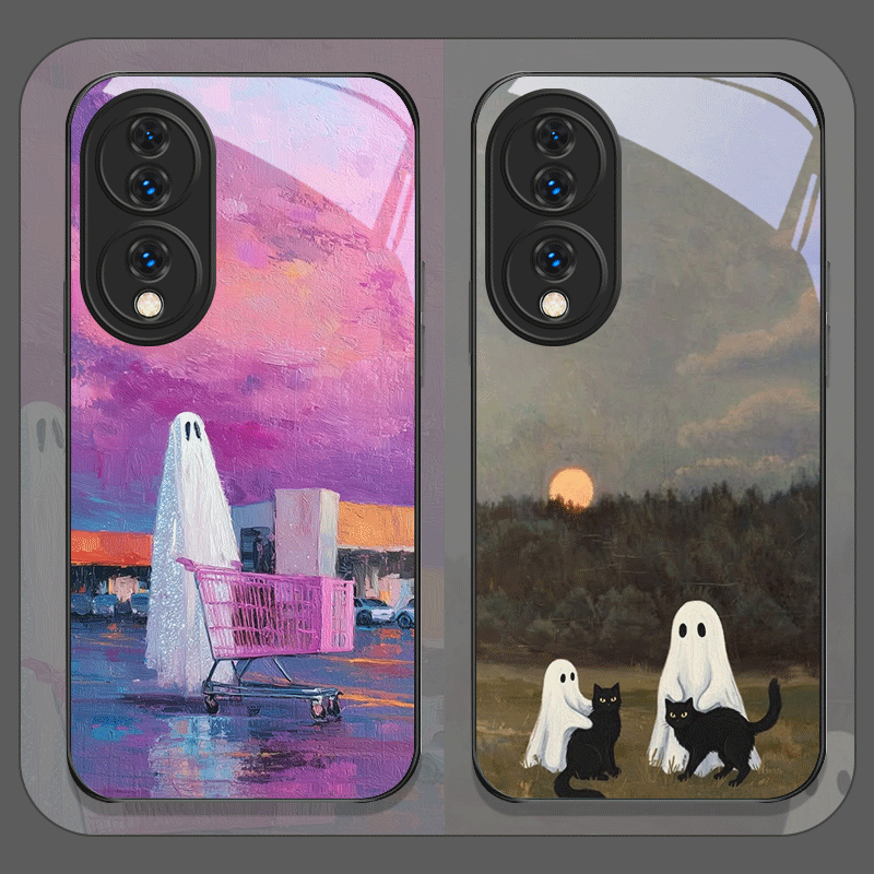 Huawei Nova 12 - Niedliche Cartoon-Schwarzkatzen-Geister-Handyhülle aus gehärtetem Glas für