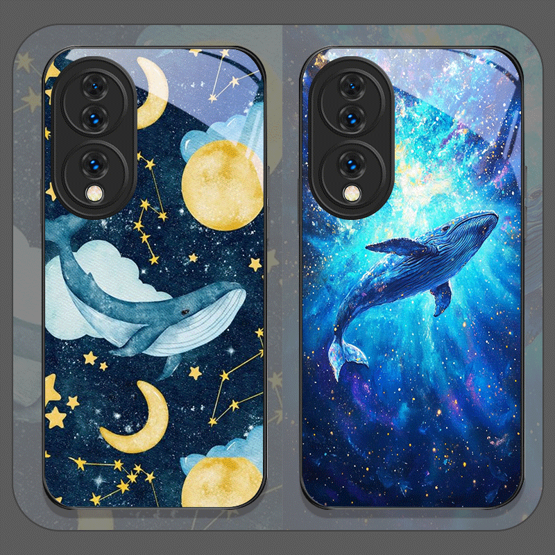 Huawei Nova 12 - Cartoon Sternenhimmel Blauwal Bedruckte Gehärtete Glas-Handyhülle