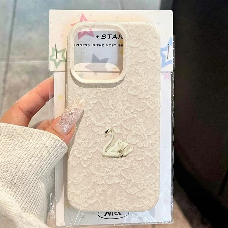 Apple Iphone 15 Pro Max - Spitzenmuster Schwan Lychee Textur Handyhülle für